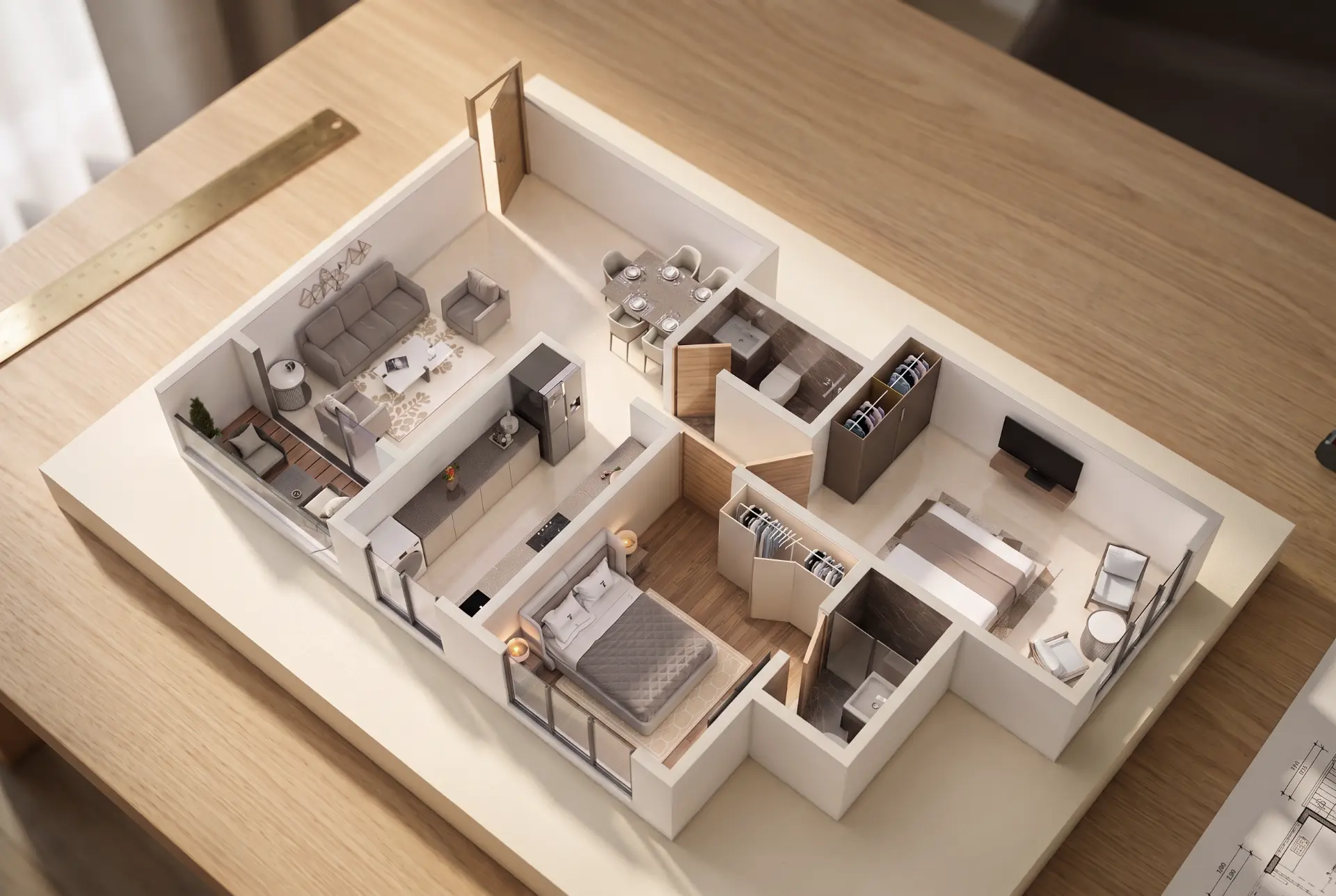 Kalustettu 3D-pohjakuva, jossa näkyvät asunnon huoneet ja niiden yhteydet.