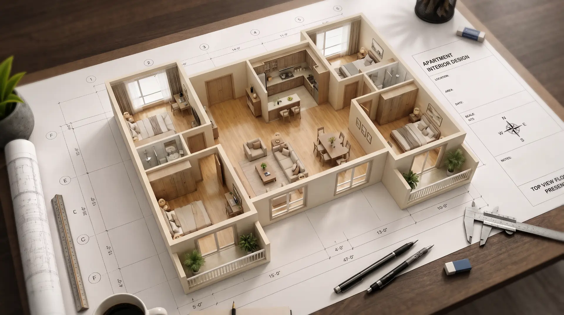 Kalustettu 3D-pohjakuva asunnosta.